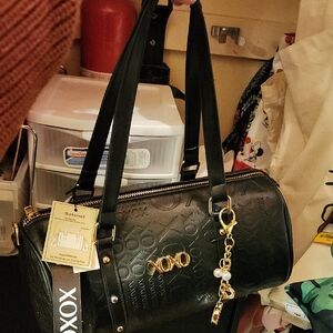 XOXO Embossed Black Satchel with Gold Accents